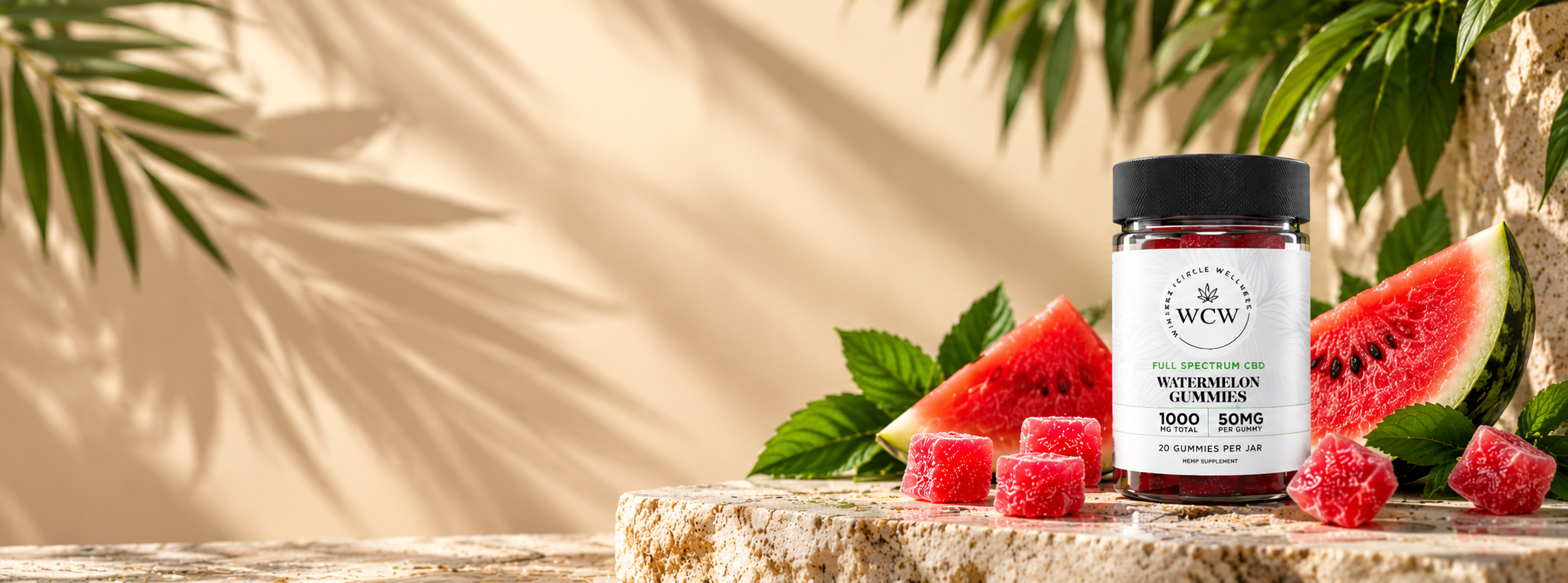 Winner's Circle Wellness Full Spectrum CBD Watermelon Gummies, jar with fresh watermelon